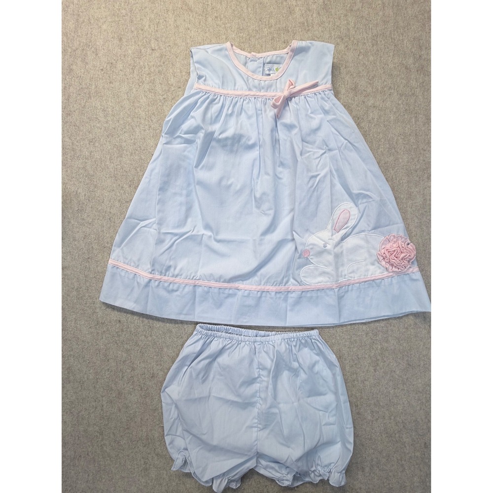 Petit Pomme Dress Set Baby Girl 12M Blue Pink Bunny Applique Bloomers